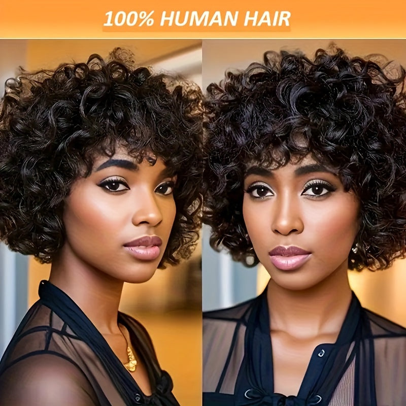 180% Density Bouncy Afro Loose Curls Short Bob Wig - 100% Human Hair, Pixie Cut, Bangs, Rose Cap, Glueless Put-On for All Ethnicities